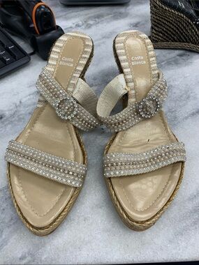 Costa Blanca Beige Jeweled Wedge Sandals